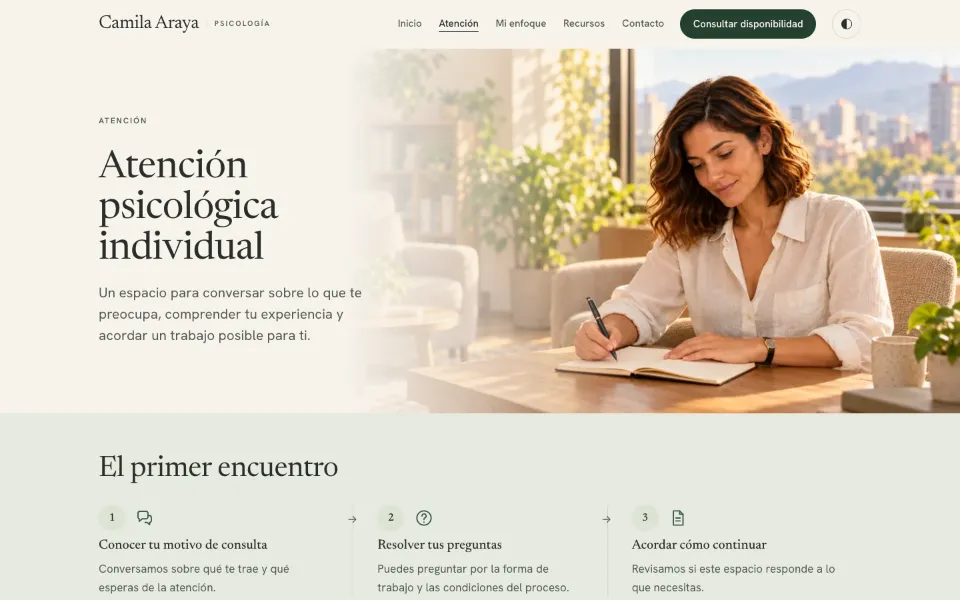 Demo Elite de Camila Araya: página “Atención psicológica individual” con los pasos del primer encuentro.