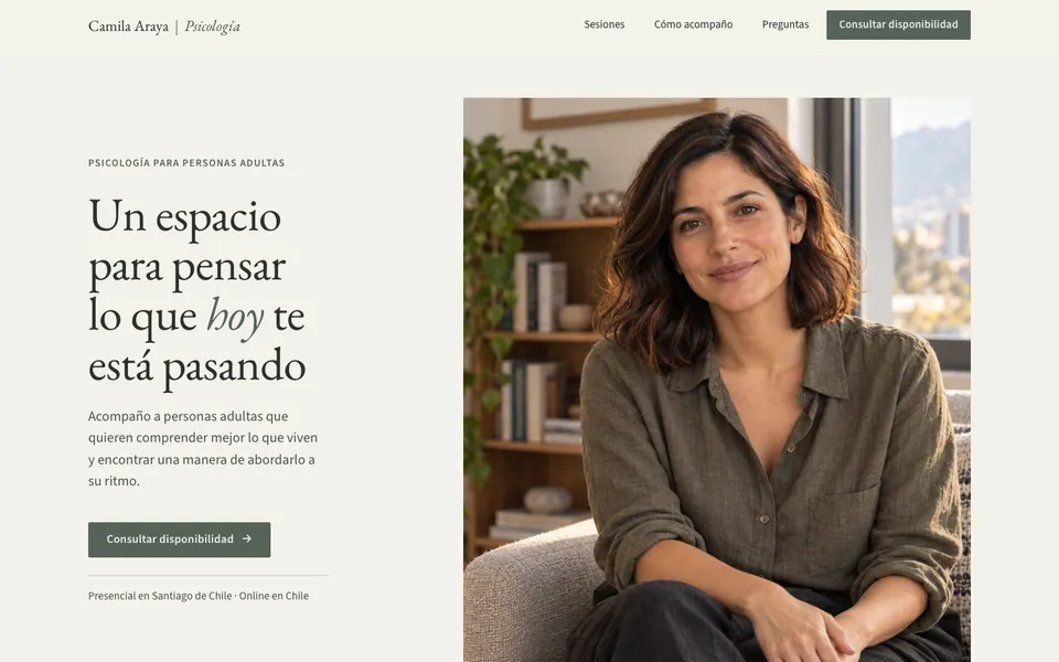 Versión Starter de Camila Araya en escritorio, con su menú de navegación.