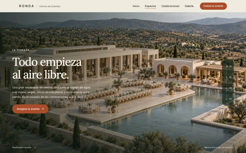 Demo Elite de RONDA: página “Todo empieza al aire libre” con la terraza y la piscina del centro de eventos.