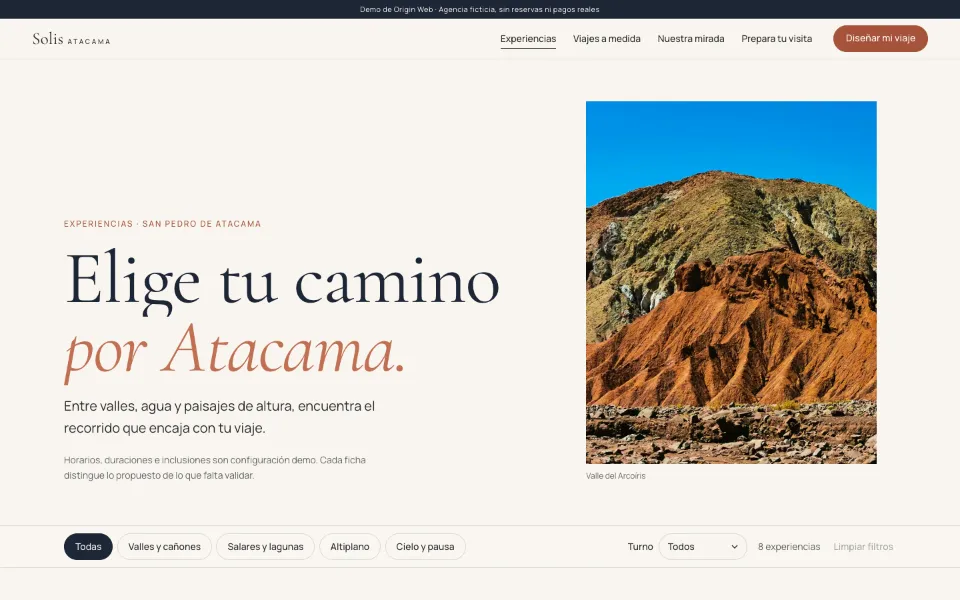 Demo Elite de Solis Atacama: página “Elige tu camino por Atacama” con filtros por paisaje.