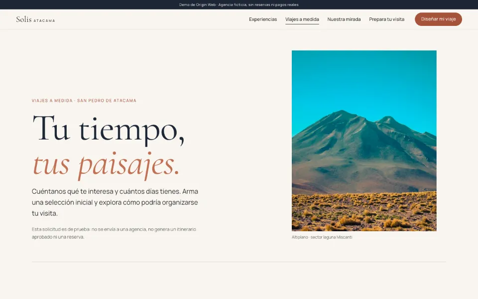 Demo Elite de Solis Atacama: página “Tu tiempo, tus paisajes” para armar un viaje a medida.